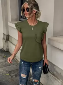 SHEIN LUNE Ruffle Trim Pocket Patched Tee - Army Green - View 4