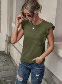 SHEIN LUNE Ruffle Trim Pocket Patched Tee - Army Green - View 5