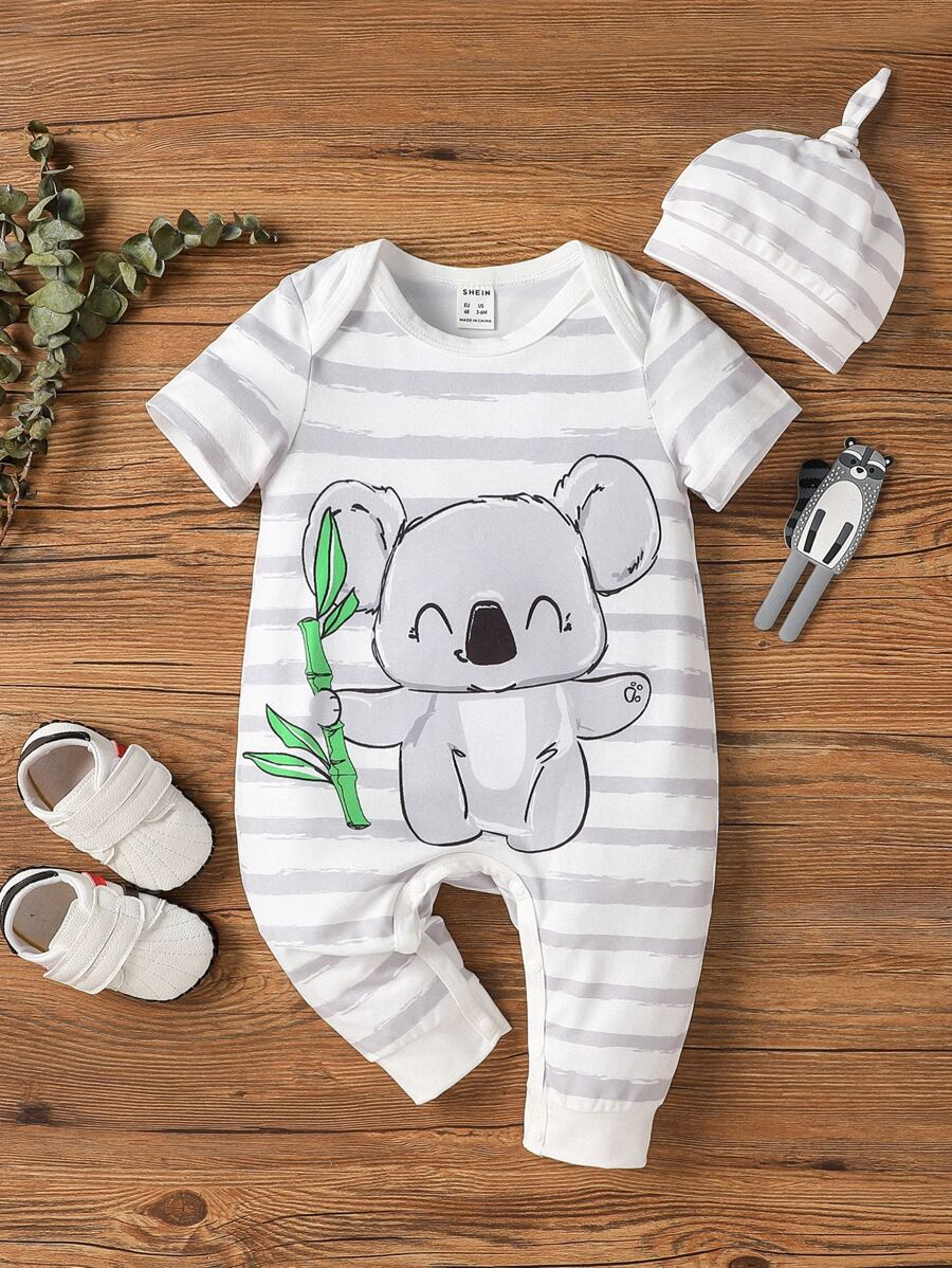 Baby Striped & Cartoon Graphic Jumpsuit With Hat - Multicolor - View 1