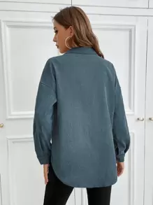 SHEIN LUNE 1pc Solid Button Up Corduroy Shirt,Long Sleeve Tops Fall Cloth For Women - Navy Blue - View 2