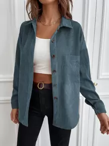 SHEIN LUNE 1pc Solid Button Up Corduroy Shirt,Long Sleeve Tops Fall Cloth For Women - Navy Blue - View 3