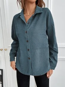 SHEIN LUNE 1pc Solid Button Up Corduroy Shirt,Long Sleeve Tops Fall Cloth For Women - Navy Blue - View 5