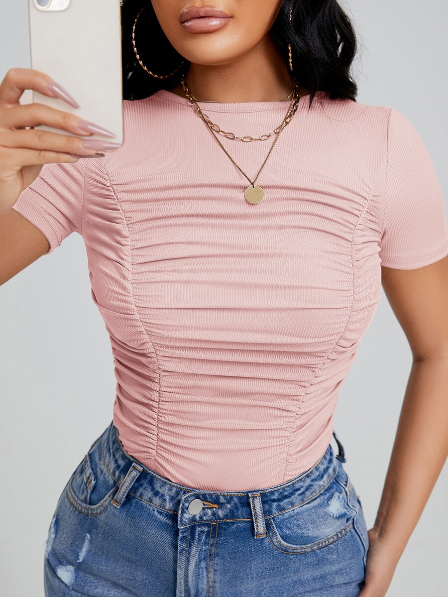SHEIN SXY Solid Ruched Slim Tee - Baby Pink - View 1