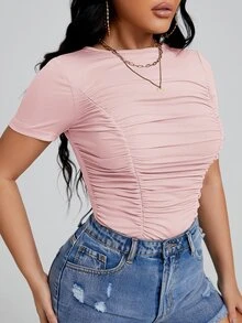 SHEIN SXY Solid Ruched Slim Tee - Baby Pink - View 4