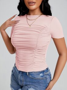 SHEIN SXY Solid Ruched Slim Tee - Baby Pink - View 5