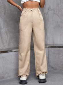 High Waist Wide Leg Trousers - Khaki - View 3