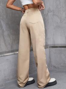 High Waist Wide Leg Trousers - Khaki - View 2