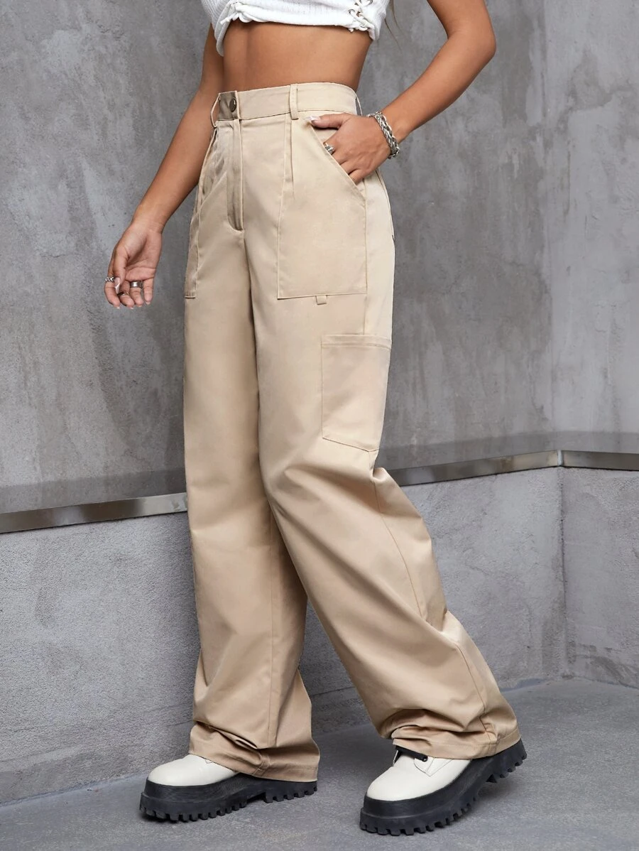 High Waist Wide Leg Trousers - Khaki - View 1