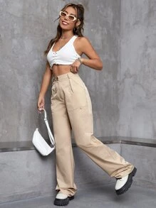 High Waist Wide Leg Trousers - Khaki - View 4