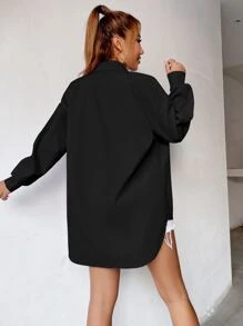 SHEIN MOOSTA Áo sơ mi rộng rãi cài nút vai trơn, áo dài tay - màu đen - Xem 2