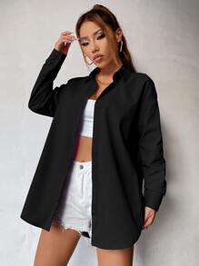 SHEIN MOOSTA Áo sơ mi rộng rãi cài nút vai trơn, áo dài tay - màu đen - Xem 3