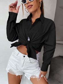 SHEIN MOOSTA Áo sơ mi rộng rãi cài nút vai trơn, áo dài tay - màu đen - Xem 6
