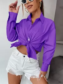 SHEIN MOOSTA 素色落肩袖單釦開襟襯衫 - 紫羅蘭色 - 查看 6