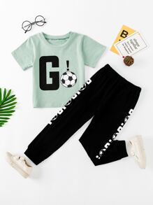 SHEIN 小男童足球和字母圖案T恤和運動褲 - 彩色 - 查看 1