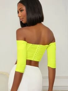 螢光綠褶邊鉤眼扣後上衣 - 黃色 - 查看 2