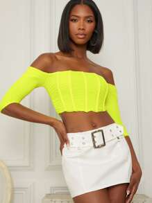 螢光綠褶邊鉤眼扣後上衣 - 黃色 - 查看 3