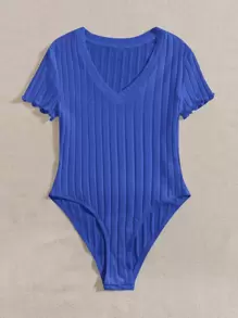 SHEIN Essnce 實色織紋v領連身衣,適合夏季 - 寶藍色 - 查看 3