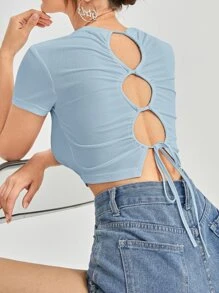 SHEIN EZwear Top corto de espalda abierta con cordón tejido de canalé - Celeste - Ver 1