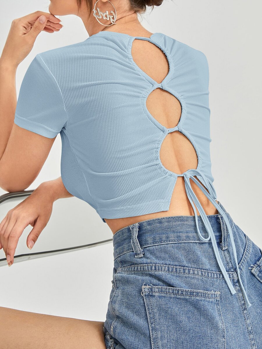 SHEIN EZwear Top corto de espalda abierta con cordón tejido de canalé - Celeste - Ver 1