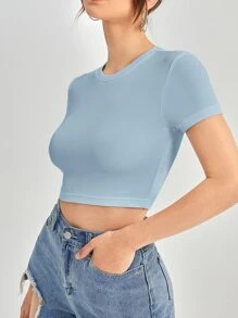 SHEIN EZwear Top corto de espalda abierta con cordón tejido de canalé - Celeste - Ver 3