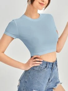 SHEIN EZwear Top corto de espalda abierta con cordón tejido de canalé - Celeste - Ver 4