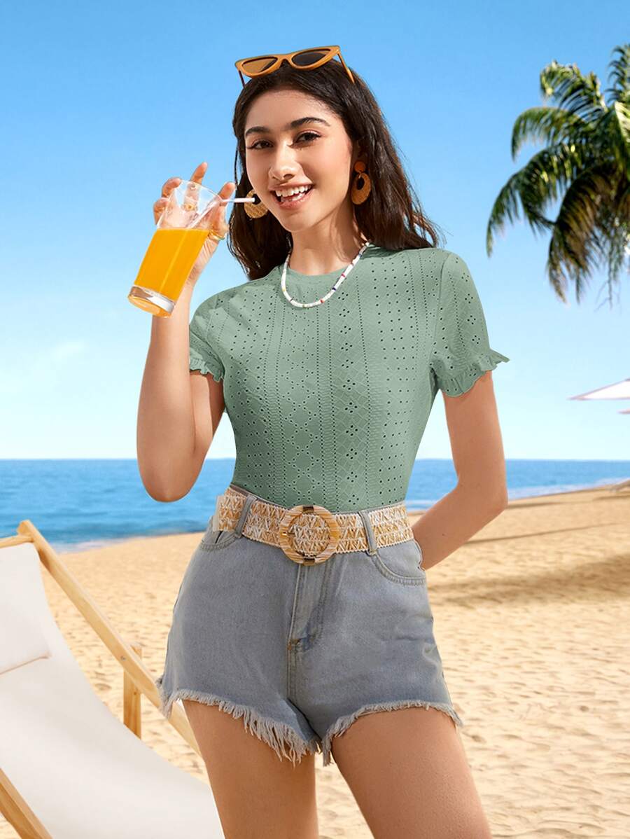 Soleia Eyelet Embroidery Flounce Sleeve Tee - Mint Green - View 1