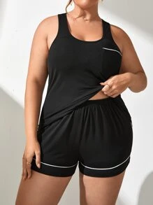 Plus Patched Pocket Piping Trim Lounge Set - Black - View 1