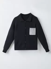 Niños Cárdigan con parche de bolsillo de hombros caídos tejido de canalé - Negro - Ver 1