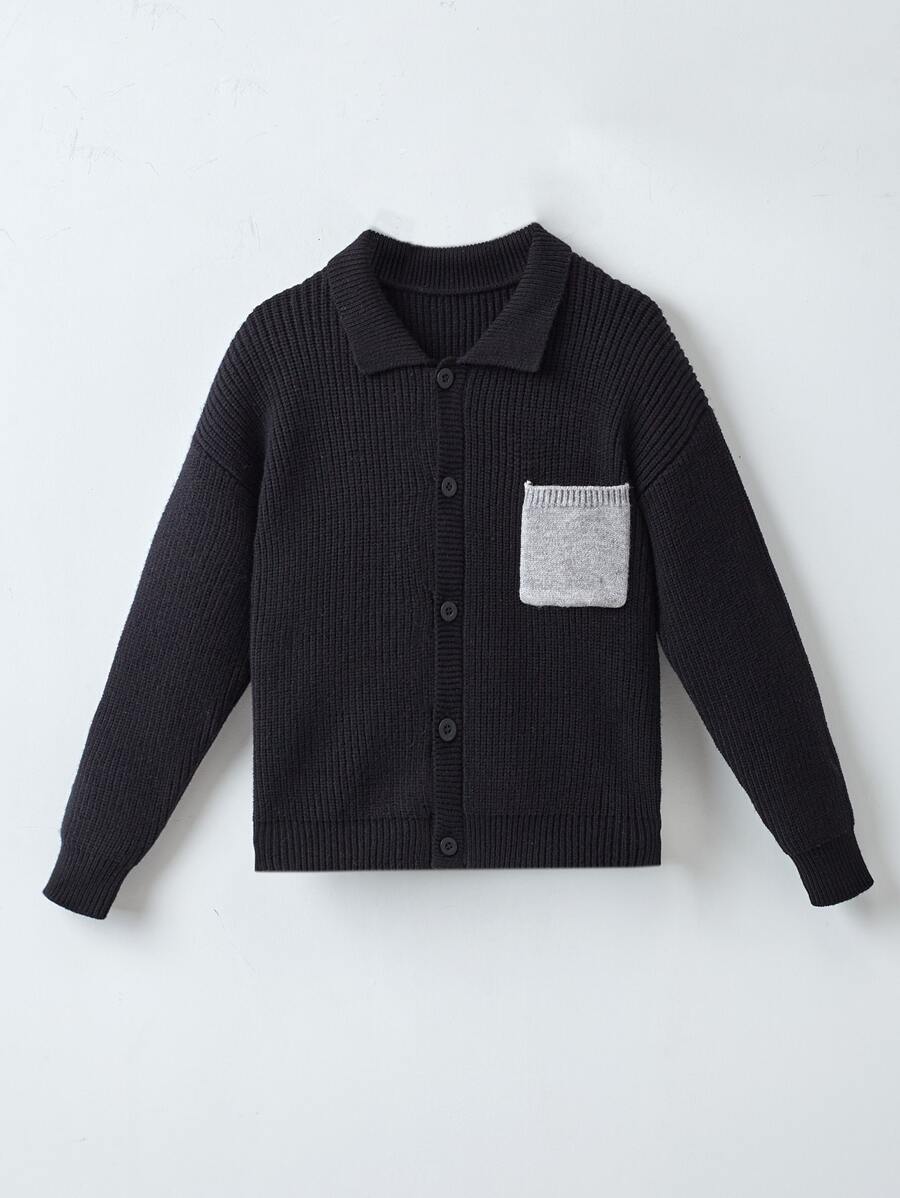 Niños Cárdigan con parche de bolsillo de hombros caídos tejido de canalé - Negro - Ver 1