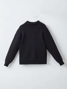 Niños Cárdigan con parche de bolsillo de hombros caídos tejido de canalé - Negro - Ver 2