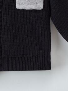 Niños Cárdigan con parche de bolsillo de hombros caídos tejido de canalé - Negro - Ver 4