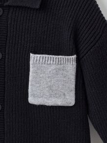 Niños Cárdigan con parche de bolsillo de hombros caídos tejido de canalé - Negro - Ver 5