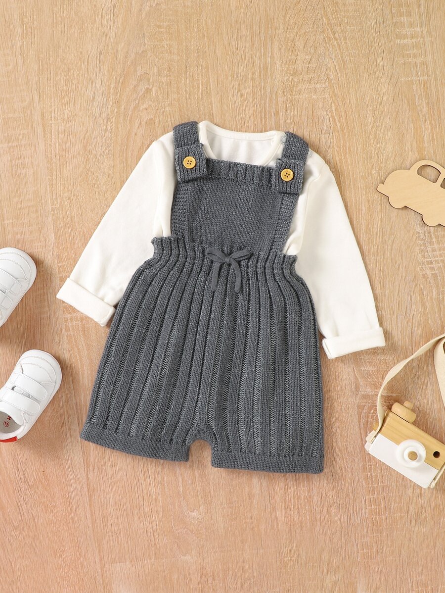Baby Bow Front Ribbed Knit Overall Romper Without Tee - Dark Grey - View 1