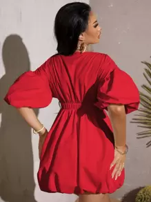 SHEIN SXY Deep V Neck Puff Sleeve Dress - Red - View 2