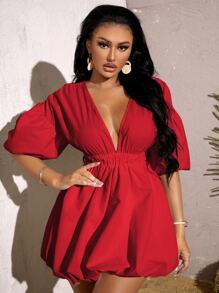SHEIN SXY Deep V Neck Puff Sleeve Dress - Red - View 3