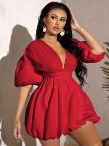 SHEIN SXY Deep V Neck Puff Sleeve Dress - Red - View 4