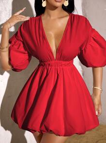 SHEIN SXY Deep V Neck Puff Sleeve Dress - Red - View 5