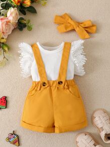 Baby Guipure Lace Trim Top & Belted Overall - Multicolor - View 1