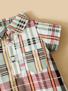 Baby Plaid Print Half Button Pocket Front Bodysuit - Multicolor - View 5