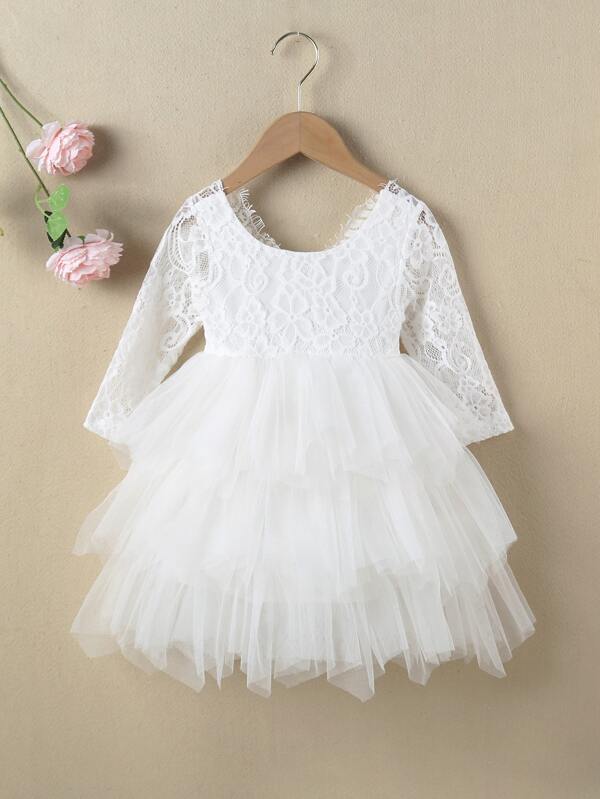 SHEIN Glamorique Kids Young Girl Fashionable And Elegant White Lace & Mesh Wedding Flower Girl Princess Sweetheart Dress, Suitable For Parties, Traveling, Spring, Summer, Autumn And Winter, Long Sleeve Cake Dress