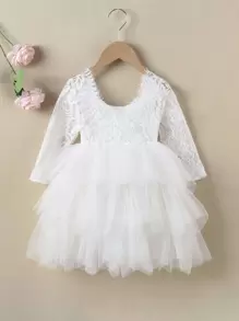 SHEIN Glamorique Kids Young Girl Fashionable And Elegant White Lace & Mesh Wedding Flower Girl Princess Sweetheart Dress, Suitable For Parties, Traveling, Spring, Summer, Autumn And Winter, Long Sleeve Cake Dress - White - View 2