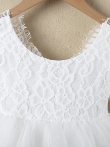 SHEIN Glamorique Kids Young Girl Fashionable And Elegant White Lace & Mesh Wedding Flower Girl Princess Sweetheart Dress, Suitable For Parties, Traveling, Spring, Summer, Autumn And Winter, Long Sleeve Cake Dress - White - View 3