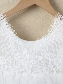 SHEIN Glamorique Kids Young Girl Fashionable And Elegant White Lace & Mesh Wedding Flower Girl Princess Sweetheart Dress, Suitable For Parties, Traveling, Spring, Summer, Autumn And Winter, Long Sleeve Cake Dress - White - View 5