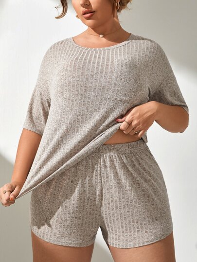 Oversize Pyjama Set mit Patchitaschen und Rippstrick, Schlafanzug Set