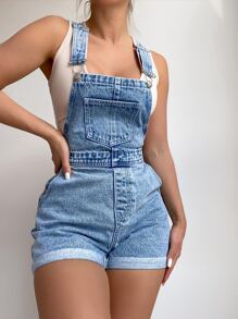 EMERY ROSE Roll Up Hem Denim Overall Romper Without Tank Top - Light Wash - View 6