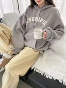 Dazy-Less Áo hoodie dây rút hở vai họa tiết chữ không có áo phông, quần áo mùa thu - Xám - Xem 1