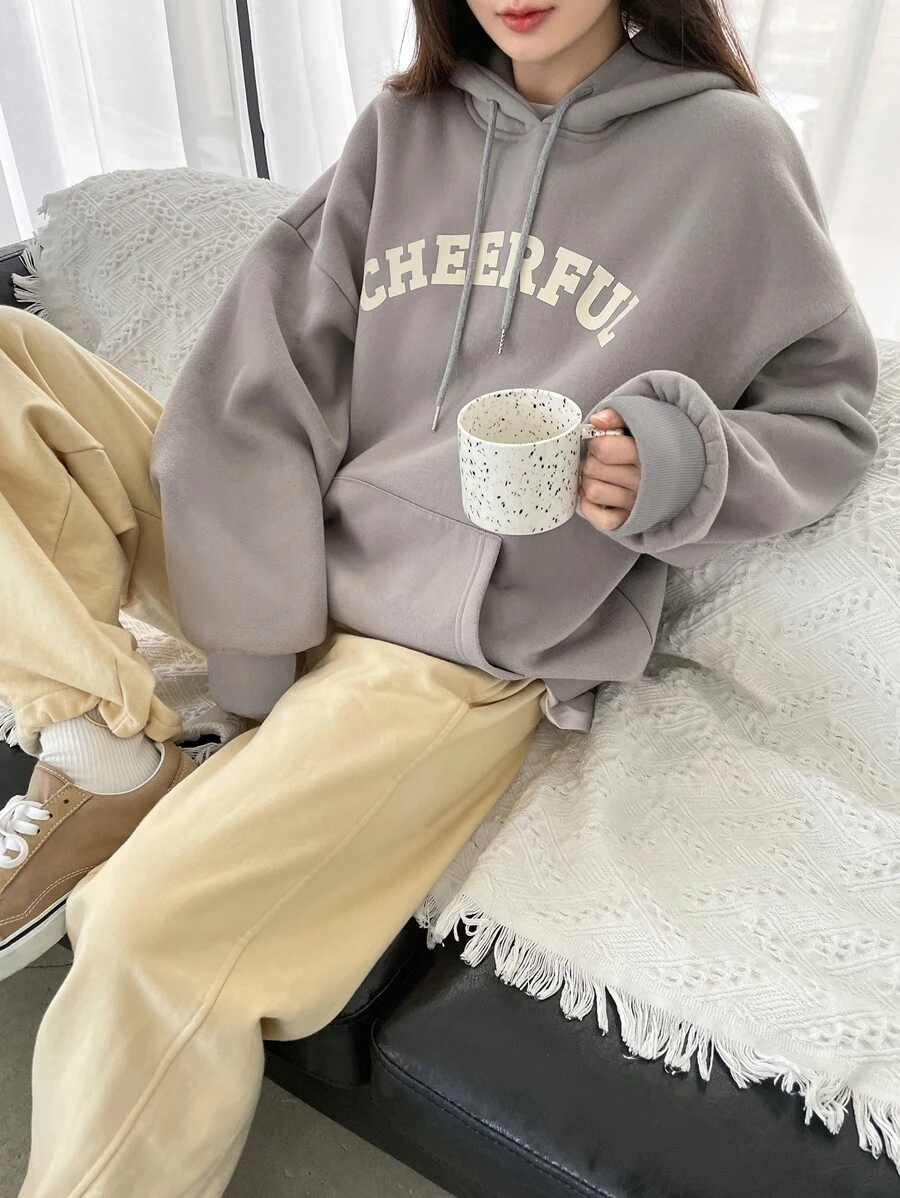 Dazy-Less Áo hoodie dây rút hở vai họa tiết chữ không có áo phông, quần áo mùa thu - Xám - Xem 1