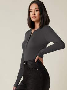 SHEIN BASICS Button Half Placket Rib-knit Tee - Dark Grey - View 1