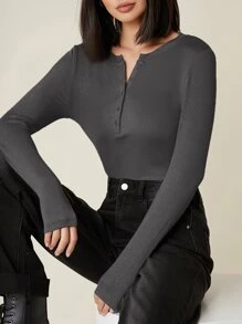 SHEIN BASICS Button Half Placket Rib-knit Tee - Dark Grey - View 3