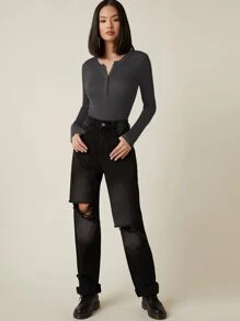 SHEIN BASICS Button Half Placket Rib-knit Tee - Dark Grey - View 4